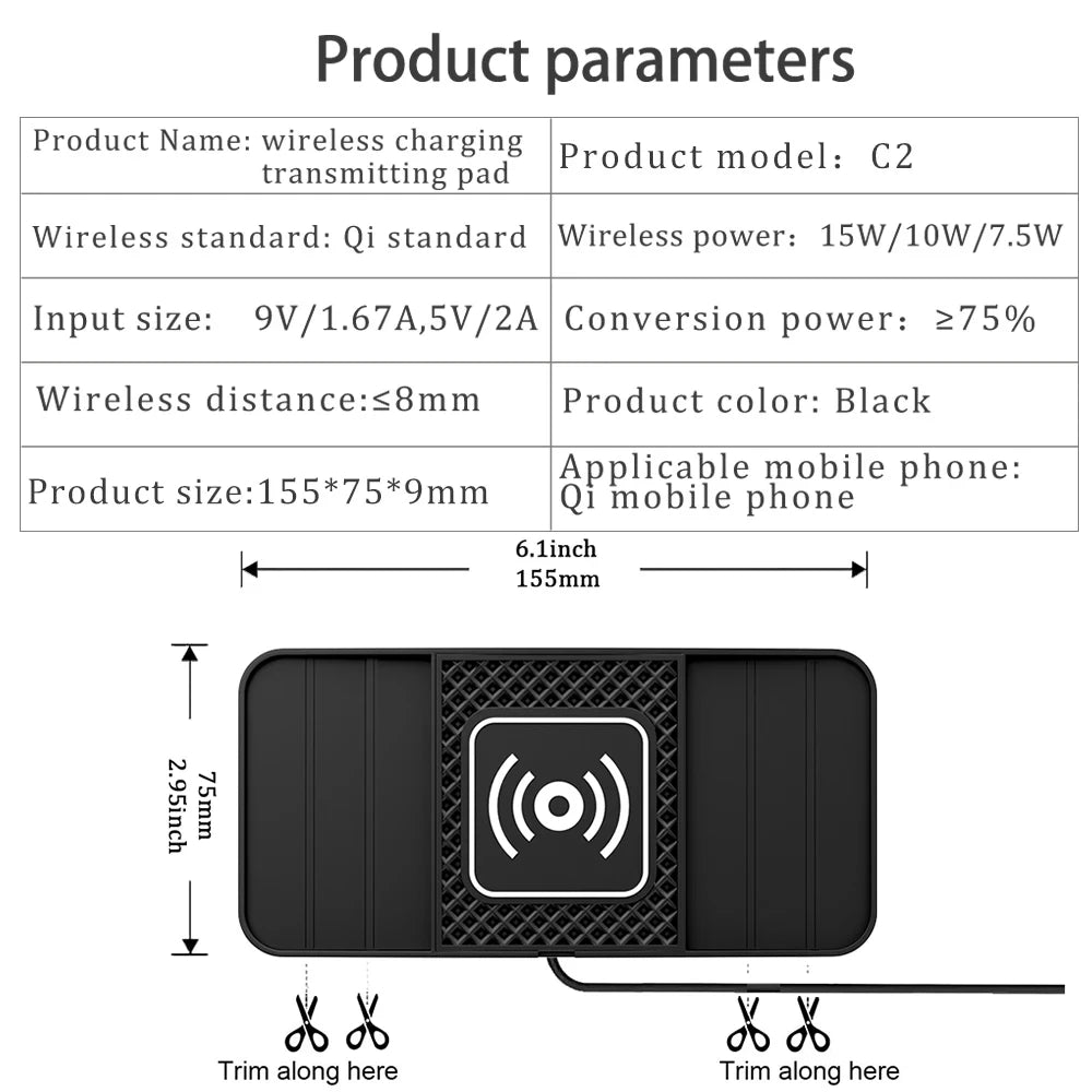 15W Fast Wireless Charging Pad , Non-Slip Rubber Mat for Car Storage, Lightweight USB-Powered Charger Compatible with Phone